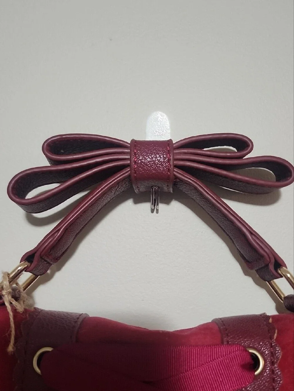 LIZ LISA Burgundy Lace-Up Bow Top Handle Backpack with White Pom Poms